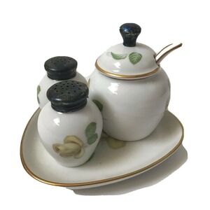 Vintage Porcelain Yellow Rose Condiment Set Salt Pepper Pot Tray Gold Trim 4pc